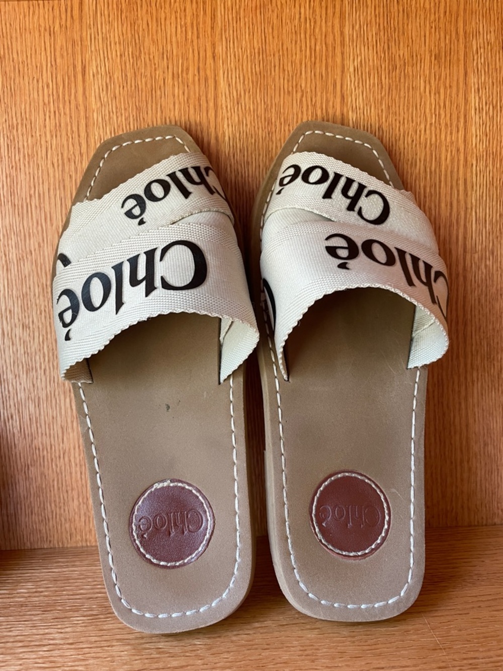 Chloe Beige Logo Canvas Slide Sandals